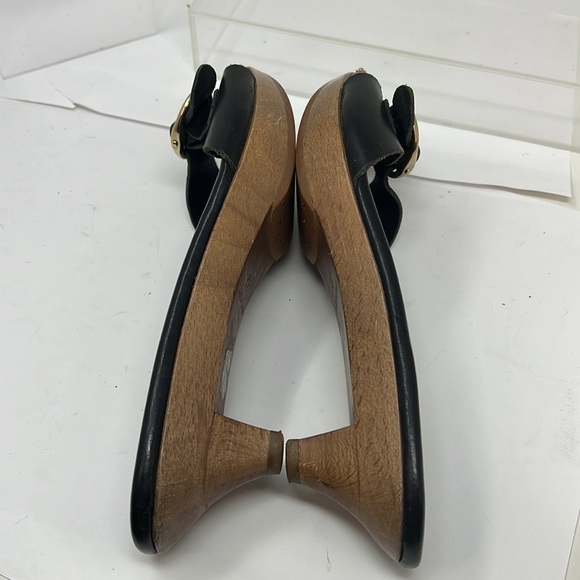 Yves Saint Laurent Sz 37 Black Leather Wood Low Heel Slide Sandals - Picture 8 of 9